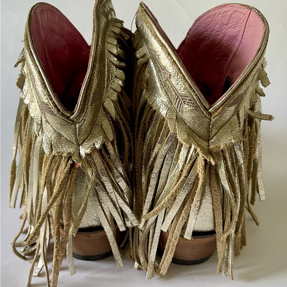 JUNK GYPSY by Lane Spitfire Gold Fringed leather cowboy Boots booties SNIP TOE - Picture 3 of 9
